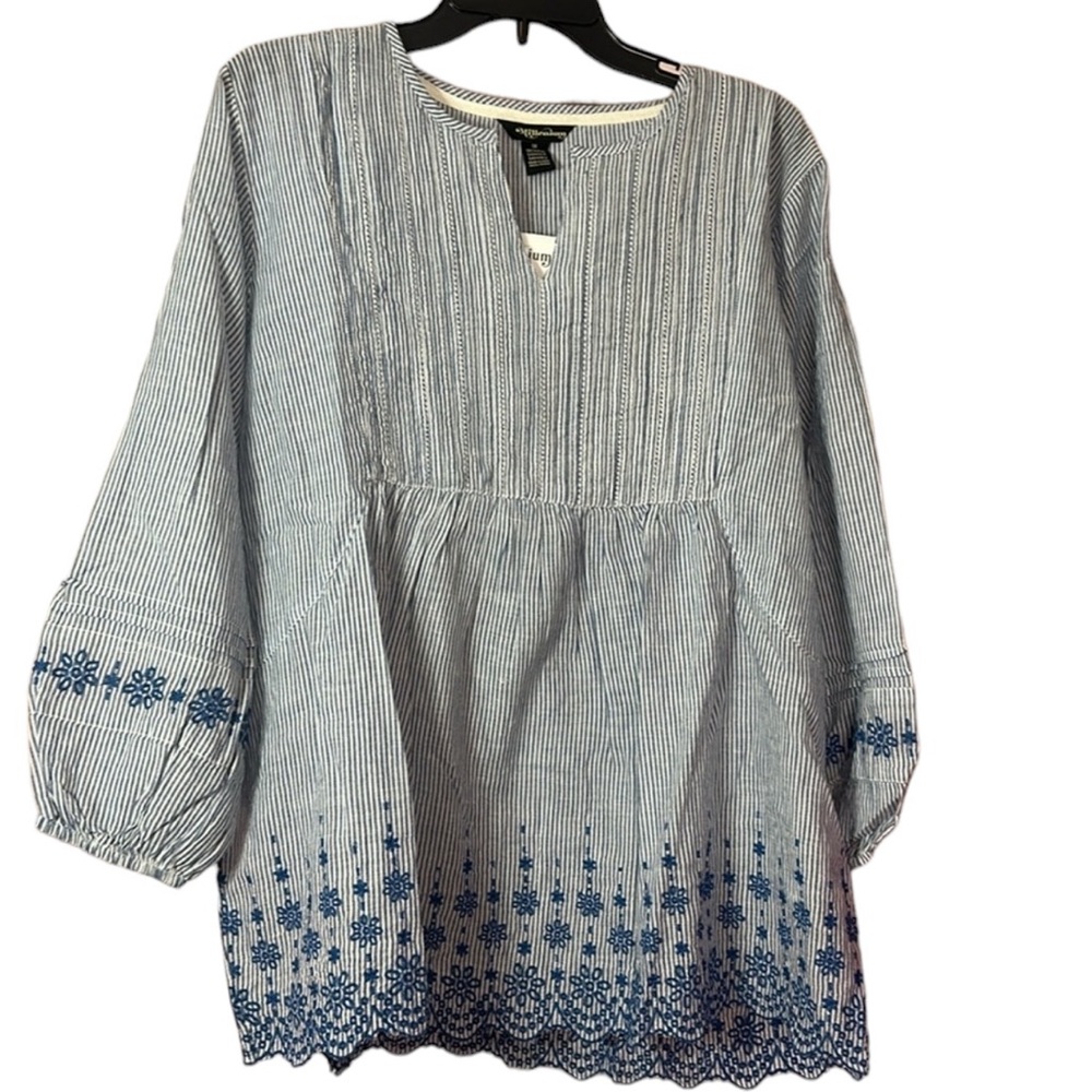 Millennium 100% cotton, blue and white striped embroidered floral top, plus size